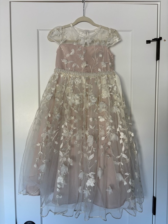 Chantilly Place Other - Girls' Pink and Ivory Floral Lace Formal Dress with Beaded Waist